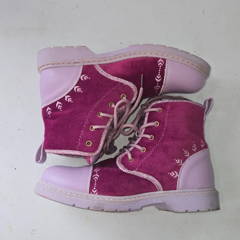 Disney Frozen II Girls Anna Purple Velvet Lace Up Combat Boots Glitter Size 4